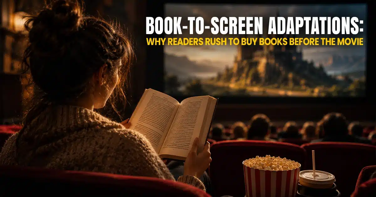 Reader holding a book in a cinema while watching a movie adaptation, representing book-to-screen adaptations and readers buying books before film releases.