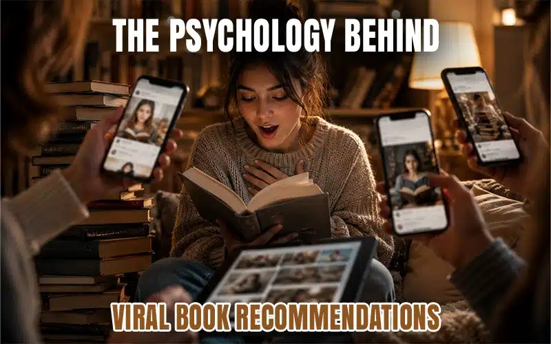 Reader reacting emotionally to a book while social media users share recommendations online, illustrating the psychology behind viral book recommendations and reader engagement.