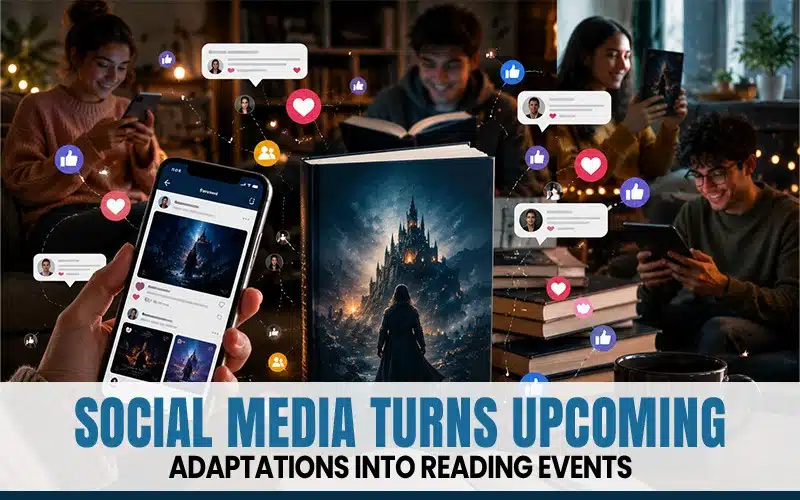 Readers engaging with a fantasy book across social media platforms, showing how social media turns upcoming book-to-screen adaptations into reading events.