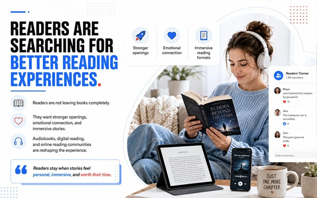 Readers searching for better reading experiences through stronger openings, emotional connection, audiobooks, and digital reading communities