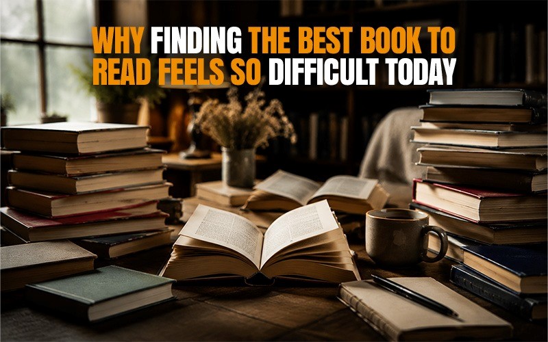 Stack of books and an open book on a wooden table in a cozy reading setup, with bold overlay text reading “Why Finding the Best Book to Read Feels So Difficult Today.”