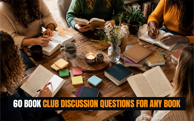 Top view of a book club group reading and writing notes together around a wooden table filled with books, coffee mugs, sticky notes, and a candle during a discussion session.