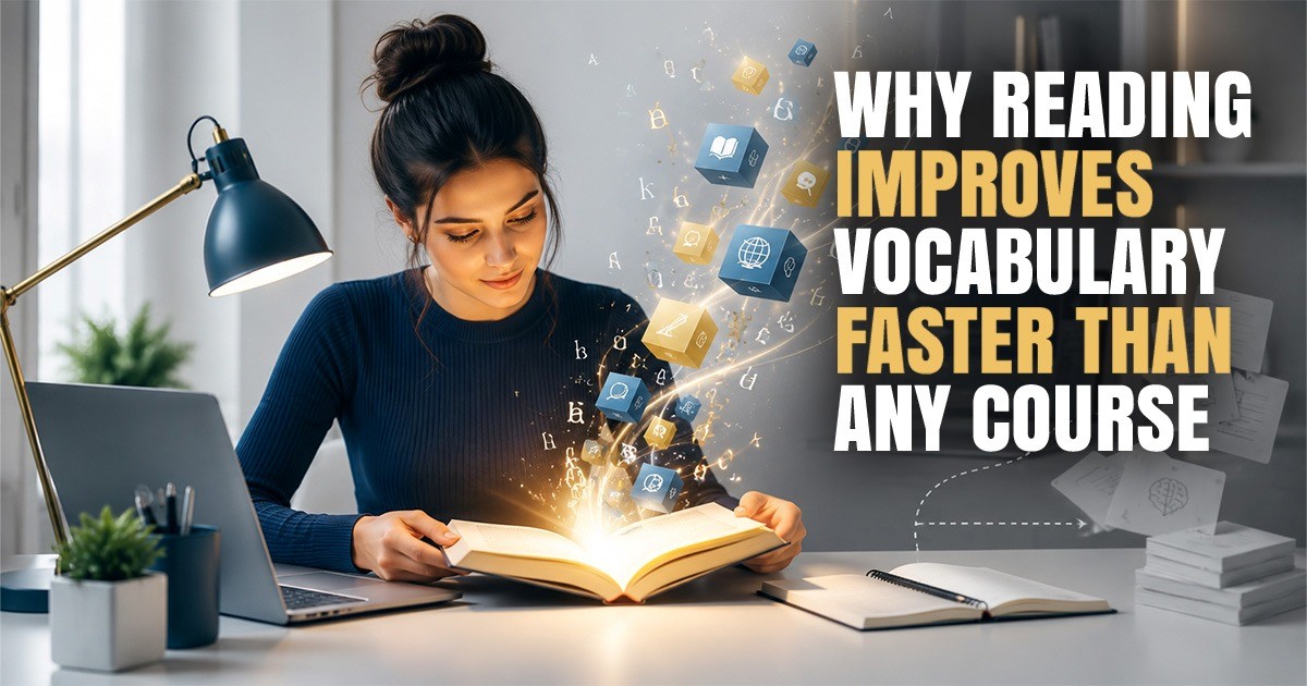 Why reading improves vocabulary faster than any course, shown through a woman reading with glowing language symbols.