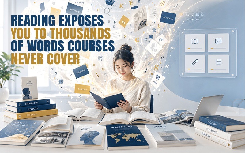 Woman reading among books with floating words and pages, showing how reading exposes learners to thousands of words courses never cover.