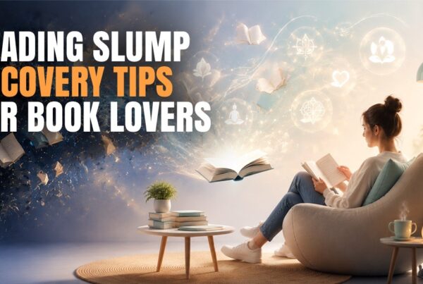 Woman sitting in a cozy living room reading a book, surrounded by floating books and glowing inspirational elements symbolizing reading slump recovery and renewed reading motivation