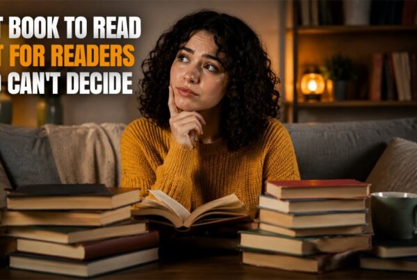 Woman sitting on a couch surrounded by stacked books, thoughtfully deciding her next read, with bold text overlay reading “Best Book to Read Next for Readers Who Can’t Decide.