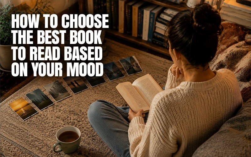 Woman sitting on the floor reading a book in a cozy home setting, with mood-based photo cards arranged beside her, and bold overlay text reading “How to Choose the Best Book to Read Based on Your Mood.”