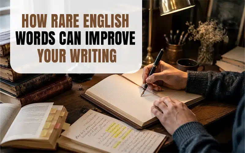 Writer taking notes in a journal beside old books, highlighted pages, and a warm desk lamp, featuring the heading “How Rare English Words Can Improve Your Writing.