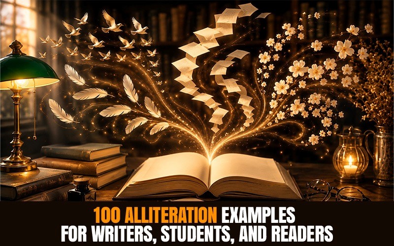 100 alliteration examples for writers, students, and readers illustrated through an open book with flowing pages, feathers, birds, and flowers
