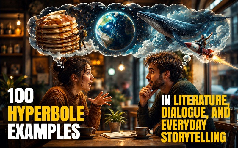 100 hyperbole examples in literature, dialogue, and everyday storytelling illustrated through an animated conversation with exaggerated imaginative scenes