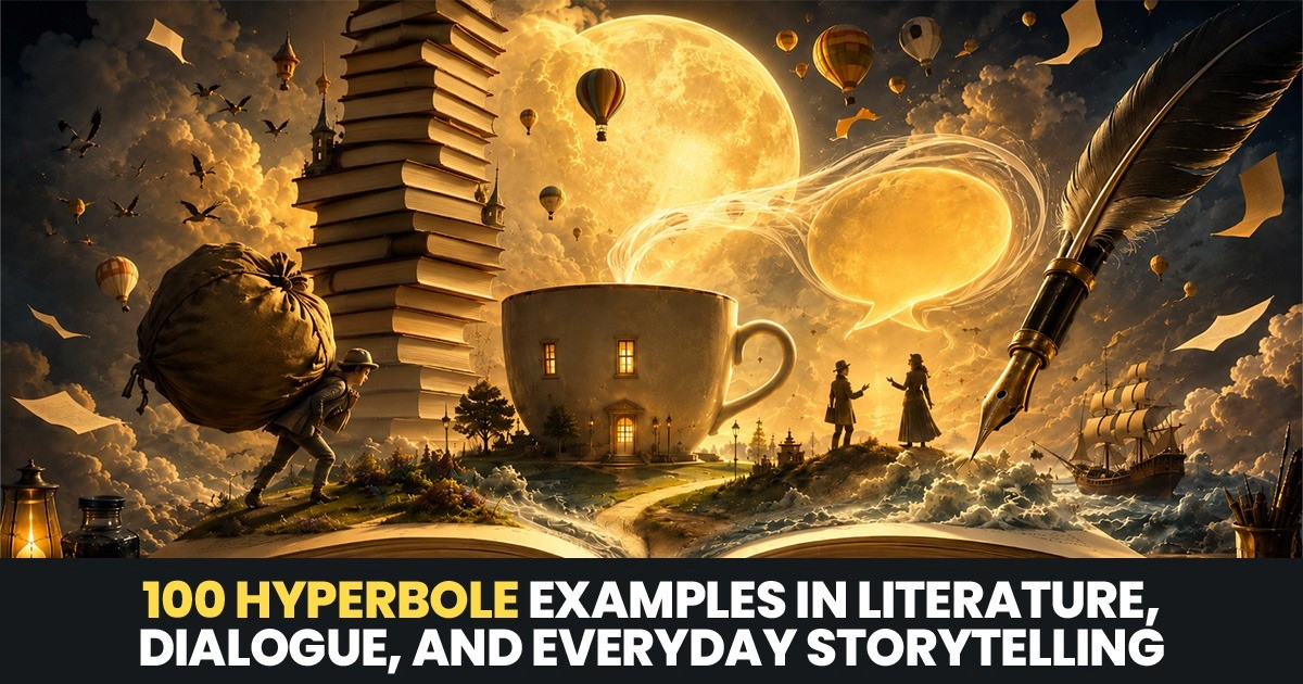 100 hyperbole examples in literature, dialogue, and everyday storytelling illustrated with books, a quill, and imaginative scenes