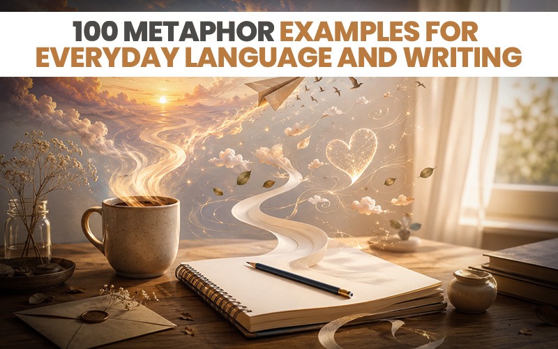 100 metaphor examples for everyday language and writing illustrated with a notebook, pencil, coffee cup, paper plane, heart, and imaginative landscape