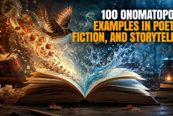100 onomatopoeia examples for poetry, fiction, and storytelling illustrated with an open book and dramatic sound effects.