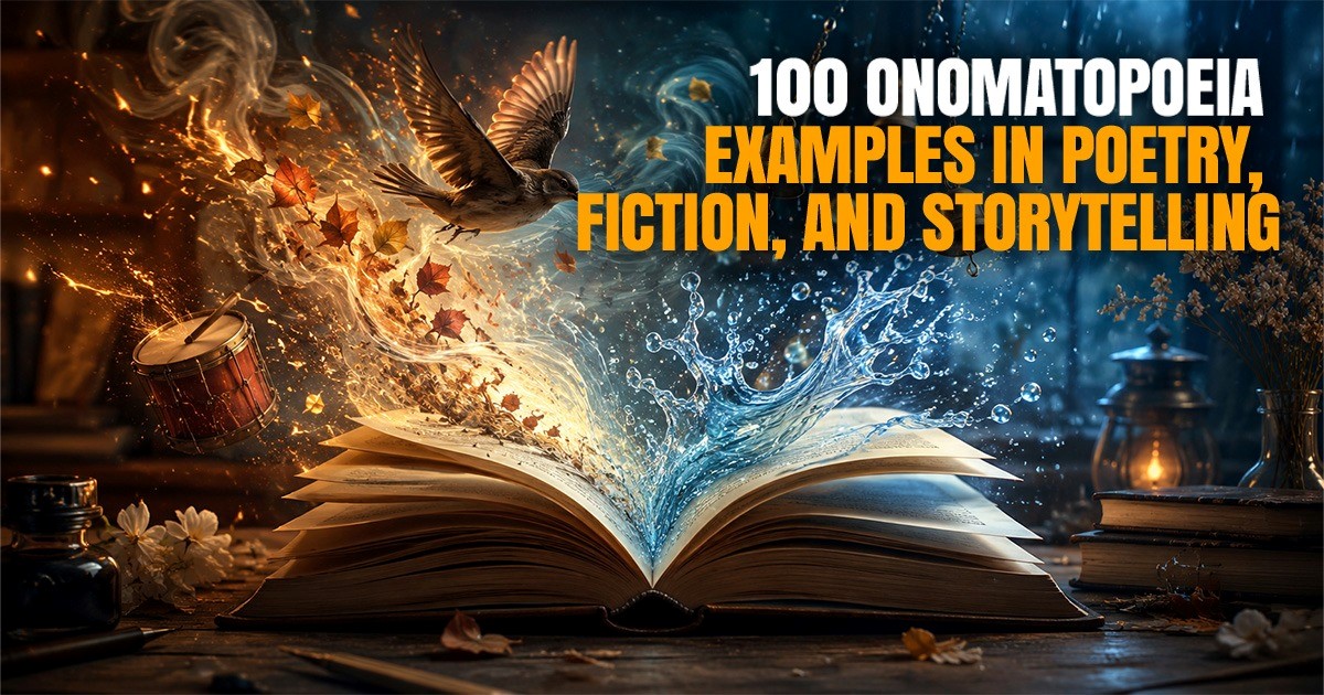100 onomatopoeia examples for poetry, fiction, and storytelling illustrated with an open book and dramatic sound effects.