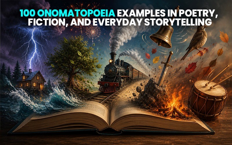 100 onomatopoeia examples in poetry, fiction, and everyday storytelling illustrated with sound-inspired scenes emerging from an open book
