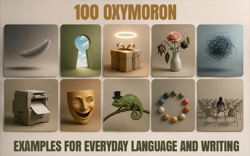 100 oxymoron examples for everyday language and creative writing illustrated with contrasting visual concepts
