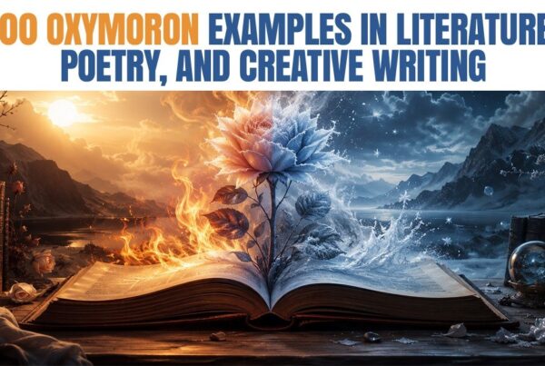 100 oxymoron examples in literature, poetry, and creative writing illustrated by a fiery and icy open book.