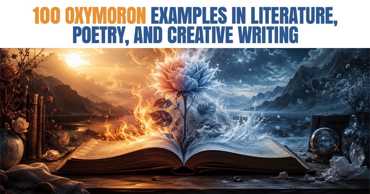 100 oxymoron examples in literature, poetry, and creative writing illustrated by a fiery and icy open book.