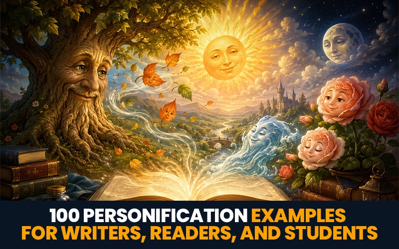 100 personification examples for writers, readers, and students illustrated with a human-faced tree, sun, moon, flowers, leaves, and water rising from an open book