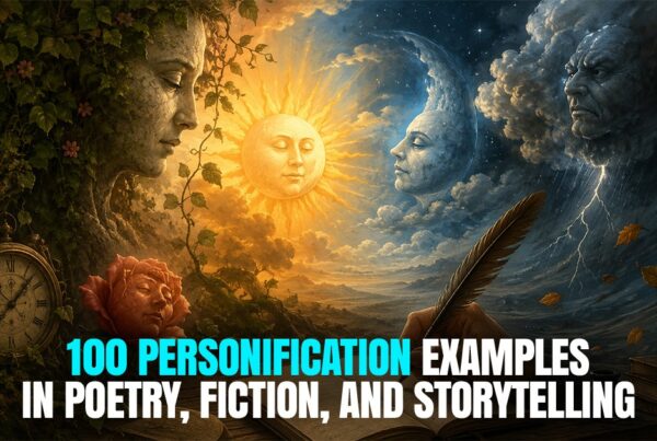 100 personification examples in poetry, fiction, and storytelling illustrated with human-faced sun, moon, clouds, flowers, and a clock