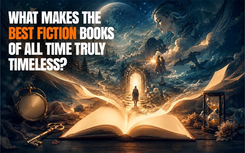 A cinematic fantasy illustration showing an open book at the bottom transforming into multiple imaginative worlds, including a snowy landscape, glowing archway, distant figures, and a surreal blend of space and nature, symbolizing the question of what makes the best fiction books of all time truly timeless.