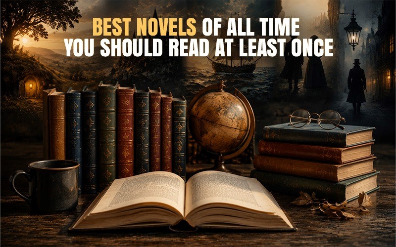 A cinematic literary composition featuring stacked classic books, an open book in the foreground, a globe and reading glasses on the table, and a moody historical fantasy background with ships and old-town street lighting, illustrating the theme of best novels of all time you should read at least once.