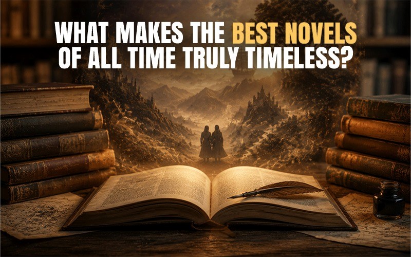 A dramatic literary-themed scene with an open book on a wooden surface, stacks of old books on both sides, a quill and ink bottle, and a glowing fantasy landscape in the background showing two figures walking through mountains, symbolizing the timeless question of what makes the best novels of all time truly unforgettable.