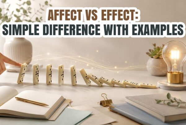 Affect vs effect grammar difference explained with simple examples, showing falling dominoes and a glowing light bulb on a study desk.