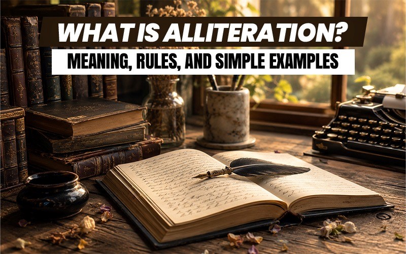 Alliteration meaning and examples shown through an open notebook, feather quill, classic books, and a vintage typewriter.