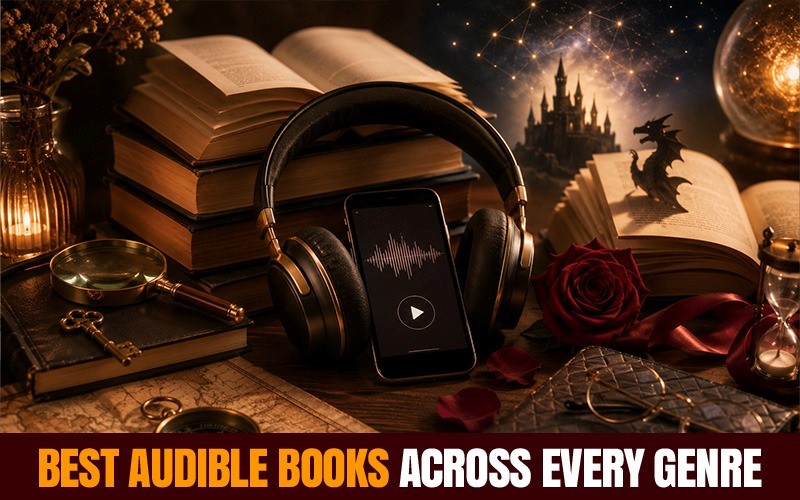 Best Audible books across every genre image with headphones, smartphone audio player, open books, fantasy elements, and warm storytelling atmosphere for audiobook listeners.