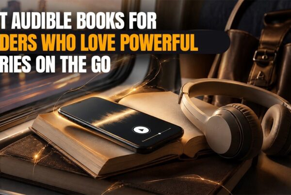 Best Audible books image showing headphones, a smartphone audio player, and an open book on a train table, representing powerful stories and audiobooks for readers on the go.