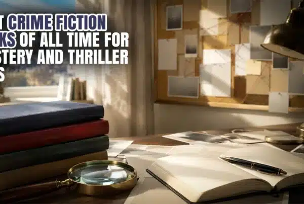 Best crime fiction books of all time featured image with stacked books, magnifying glass, open notebook, and detective-style investigation board.