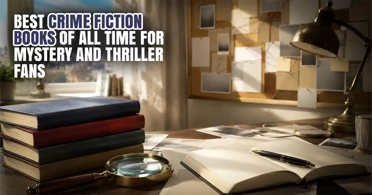 Best crime fiction books of all time featured image with stacked books, magnifying glass, open notebook, and detective-style investigation board.