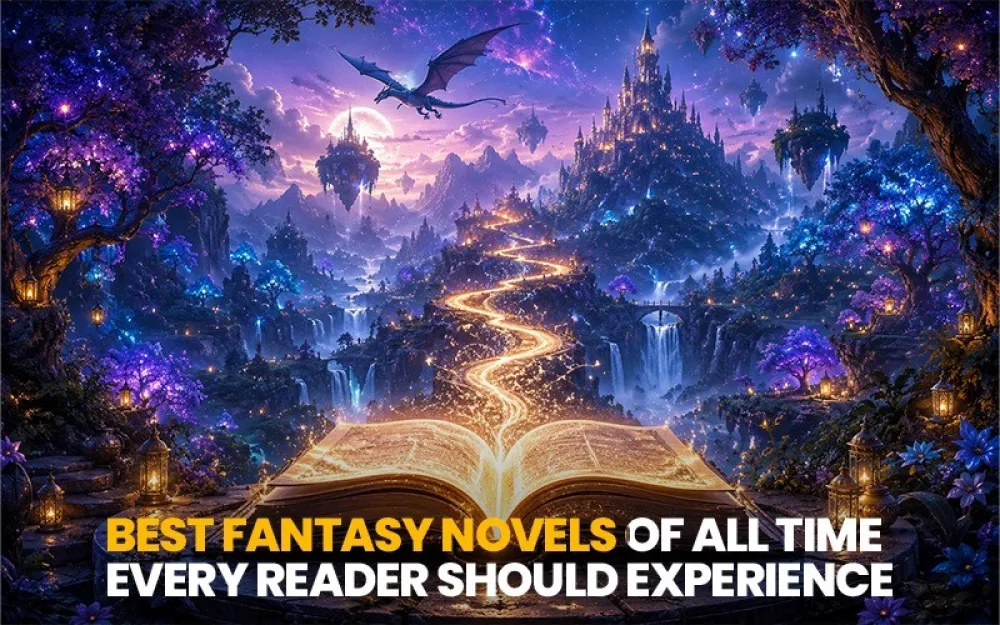 Best fantasy novels of all time image showing an open magical book, glowing fantasy path, enchanted forest, dragon, waterfalls, and a distant castle world.