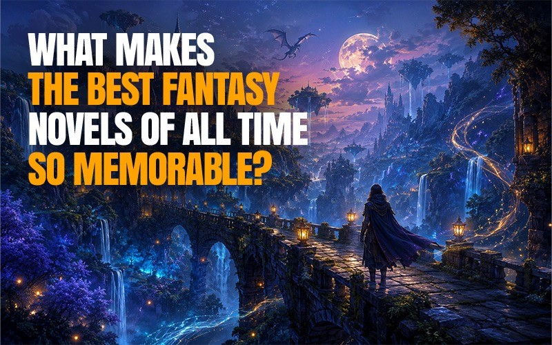 Best fantasy novels of all time image showing a magical fantasy kingdom with a dragon, moonlit castle, glowing waterfalls, and a mysterious traveler on a bridge.