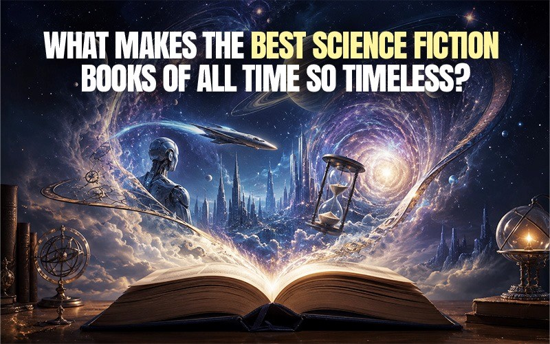 Best science fiction books of all time concept image showing an open book with futuristic worlds, a robot, galaxies, time elements, and sci-fi imagination coming to life.