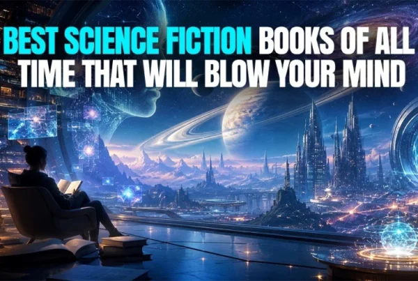Best science fiction books of all time featured image showing a futuristic sci-fi world with a reader, glowing galaxies, advanced technology, planets, and a space portal.