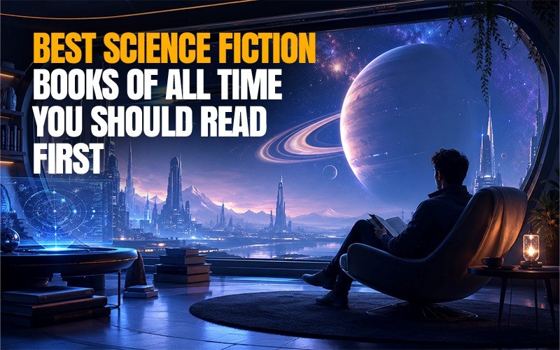 Best science fiction books of all time image showing a reader exploring a futuristic city, giant planet, glowing space skyline, and sci-fi book adventure.