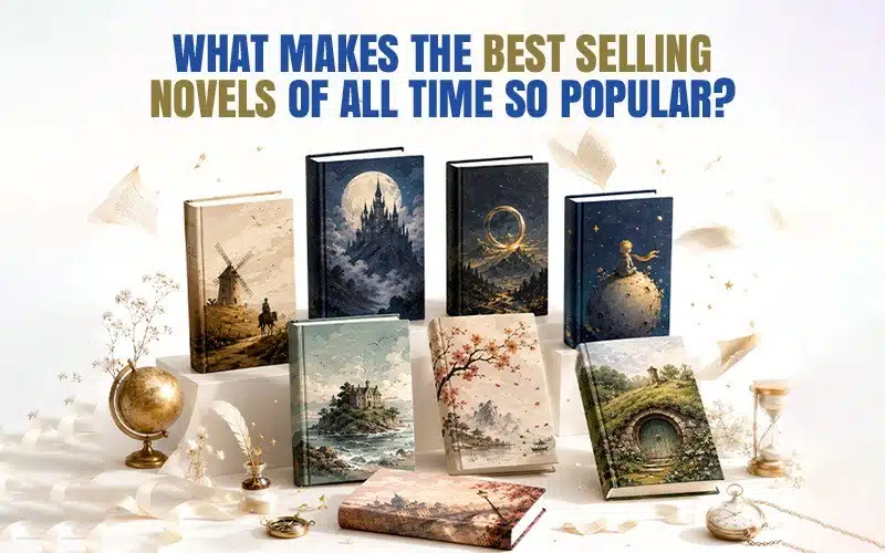 Best selling novels of all time concept image showing a creative display of bestselling books arranged artistically representing what makes the best selling novels of all time so popular among readers.