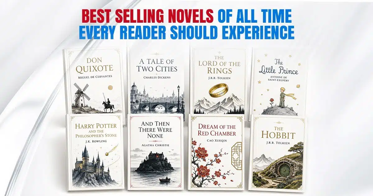 Best selling novels of all time featured image showing iconic classic books arranged together representing.