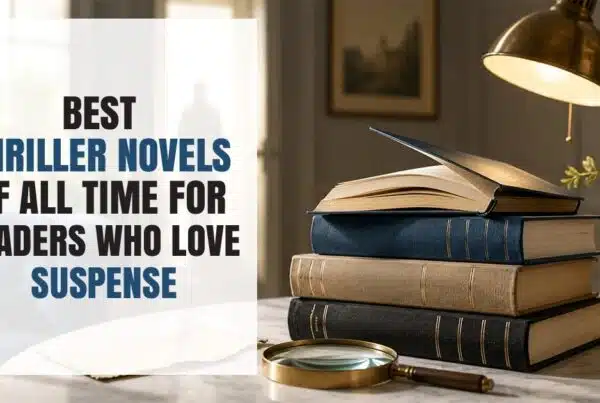 Best thriller novels of all time featured image with stacked suspense books, magnifying glass, and a dim reading room atmosphere.