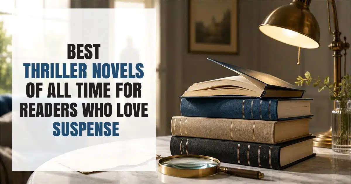 Best thriller novels of all time featured image with stacked suspense books, magnifying glass, and a dim reading room atmosphere.