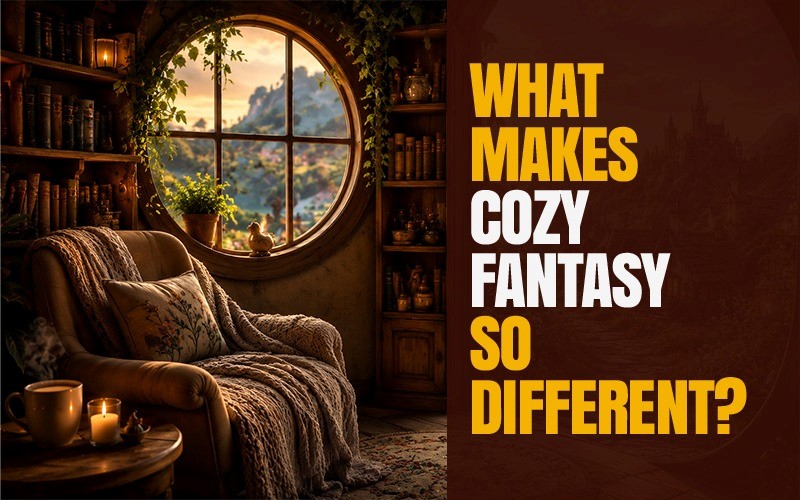 Cozy armchair beside a round window with warm candlelight and bookshelves, showing what makes cozy fantasy novels different through a peaceful magical reading atmosphere.