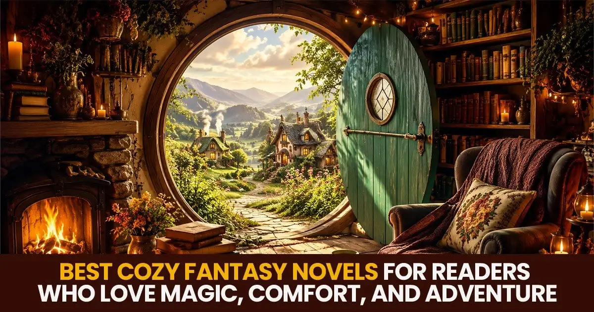 Cozy reading room with fireplace, open round door, peaceful fantasy village, and cozy fantasy novels theme for readers who love magic, comfort, and adventure.