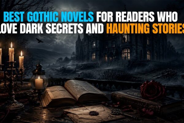 Featured image for best gothic novels showing a dark haunted mansion, candlelit books, stormy night, and eerie Gothic atmosphere for readers who love dark secrets and haunting stories