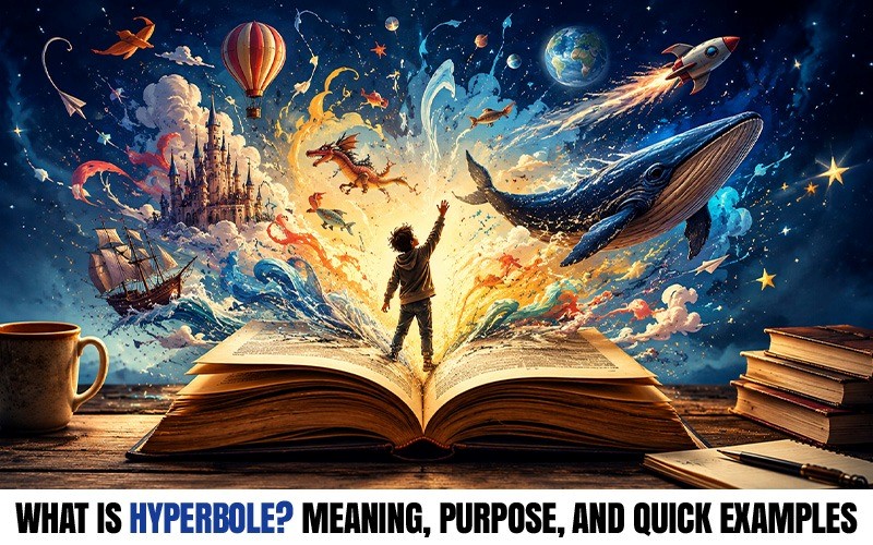 Hyperbole meaning and examples illustrated through an open book with imaginative oversized scenes representing exaggerated storytelling and creative writing