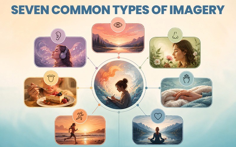 Infographic showing seven common types of imagery through sight, sound, smell, taste, touch, movement, and internal feeling.
