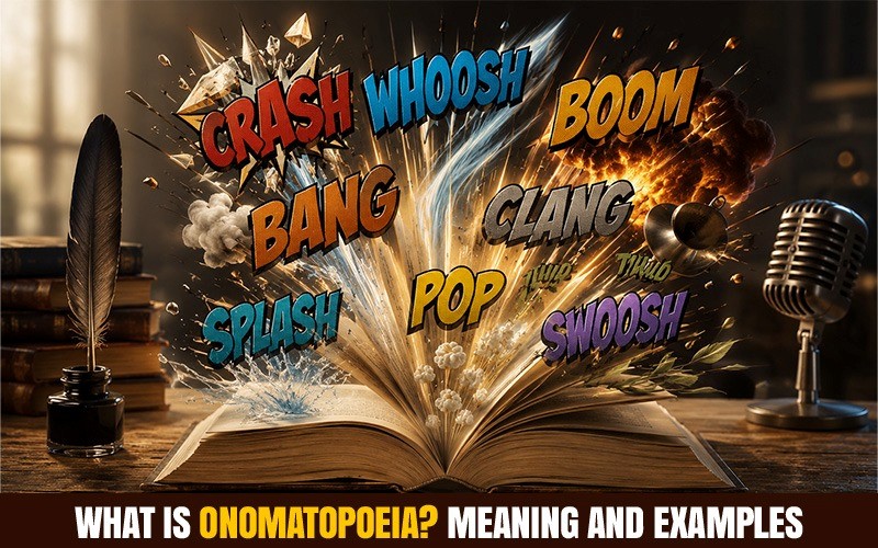 Onomatopoeia examples such as crash, whoosh, boom, bang, splash, pop, clang, and swoosh emerging from an open book.