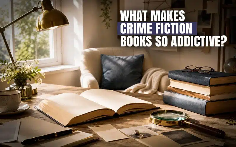 Open book and stacked novels with magnifying glass, highlighting what makes crime fiction books so addictive for mystery readers.