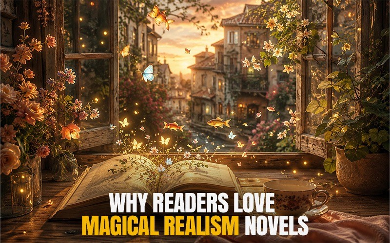 Open book by a window with glowing butterflies, floating flowers, and magical realism novels atmosphere in a dreamy evening setting.